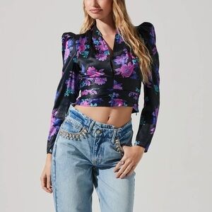 NWOT Maripe Black and Purple Floral Blouse